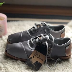 Silver Satin TOMS Lace Up Flats